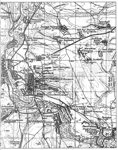 Трофейная немецкая карта района г. Россошь. 1942 г.