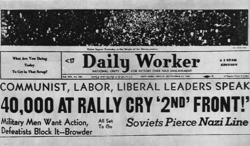 Первая страница газеты «Дейли уоркер» от 25 сентября 1942 г. с сообщением о 40-ti сячном митинге жителей Нью-Йорка, требовавших открытия второго фронта