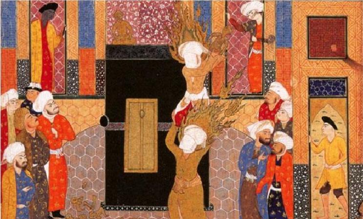 Магомет поднимает Али на свои плечи чтобы тот сбросил идолов с Каабы. Лицо стерто в наши дни, Мекка. Шираз, 1594