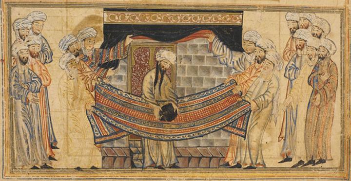Мохаммед решает спор по поводу подъема черного камня на его место в стене Каабы. 
