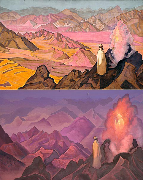 Картины Рериха (диптих) "Магомет на горе Хира", 1925 год и "Магомет-пророк", 1932 год.