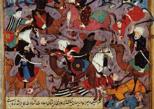 Армия Мухаммеда сражается с мекканской армией в 625г в битве при Ухуде, в которой Мухаммад был ранен. Эта миниатюра из турецкой книги около 1600года
